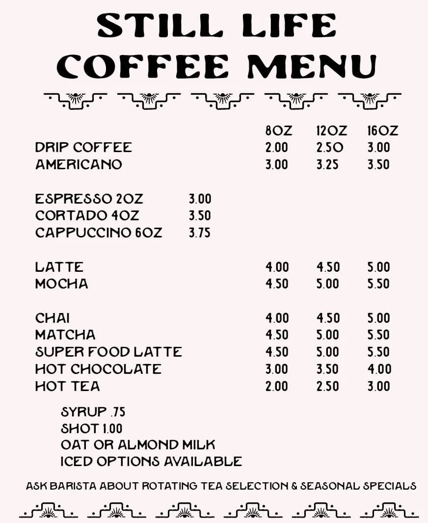 Coffee menu